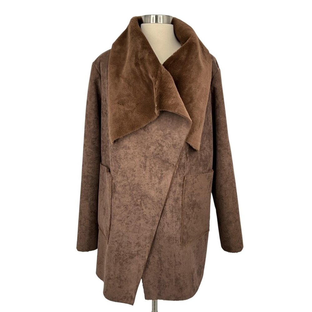 Lauren Ralph Lauren Coat Womens Large Brown Faux Shearling Fleece Drape Collar - Picture 2 of 14